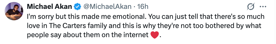 Tweet expressing admiration for the Carter family, highlighting their emotion and resilience against online negativity