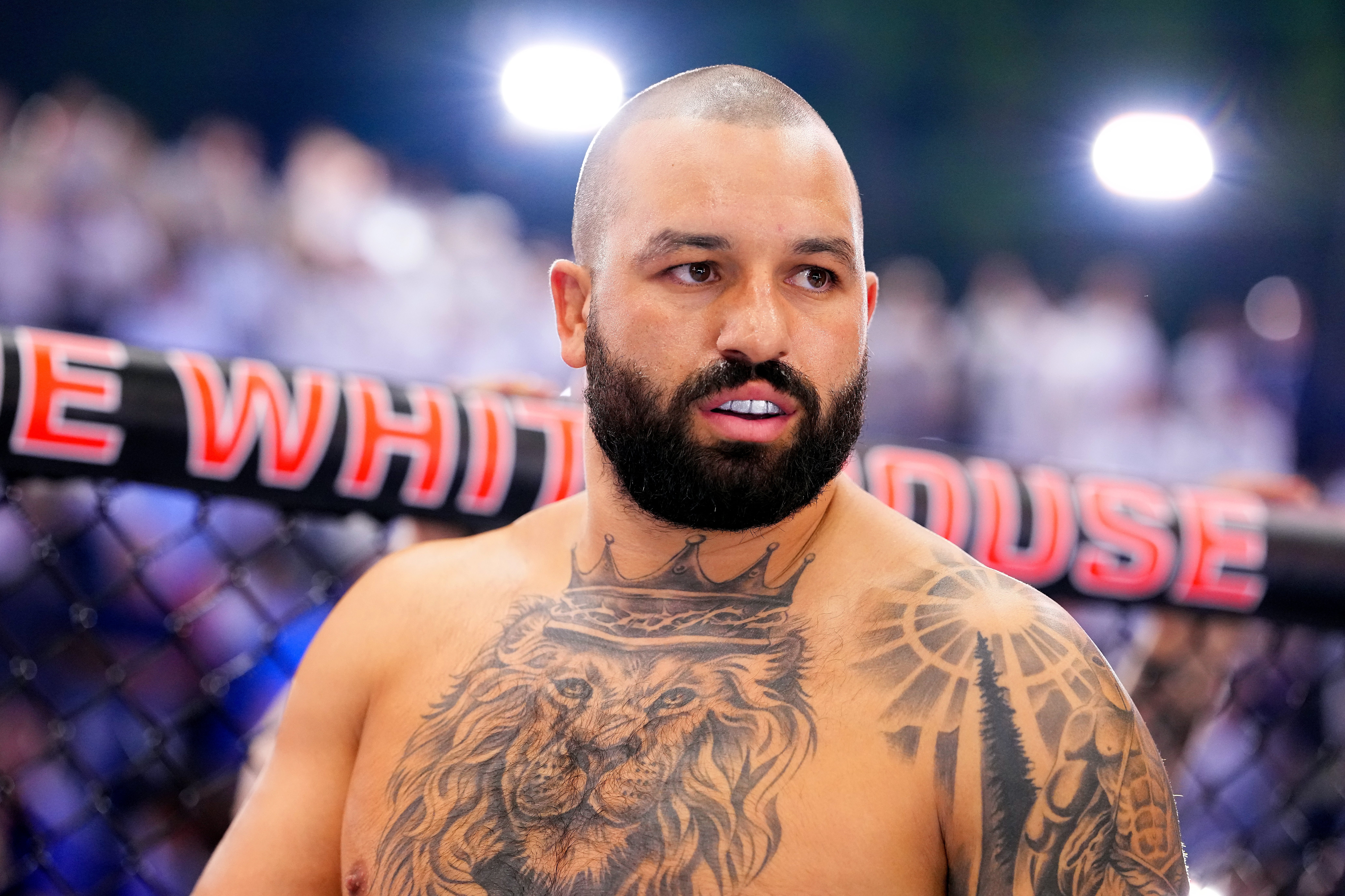 Man with tattoos lasting successful an MMA octagon, looking focused. Bright lights successful the background