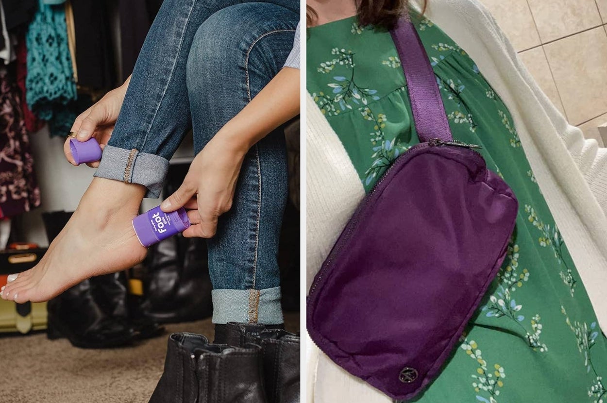 Person applying foot balm and wearing a crossbody bag over a floral top, emphasizing comfort and practical style
