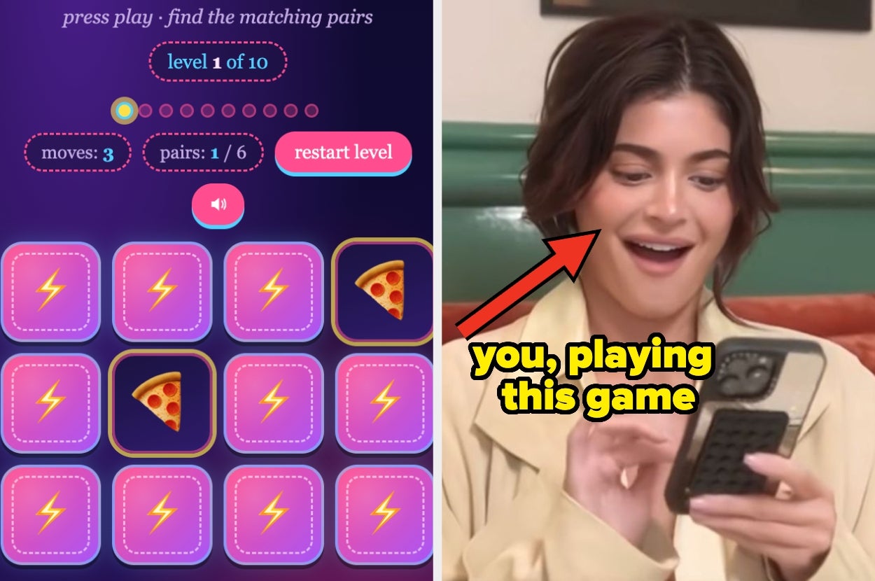 A person plays a matching game on a phone. The game displays pizza and lightning bolt icons
