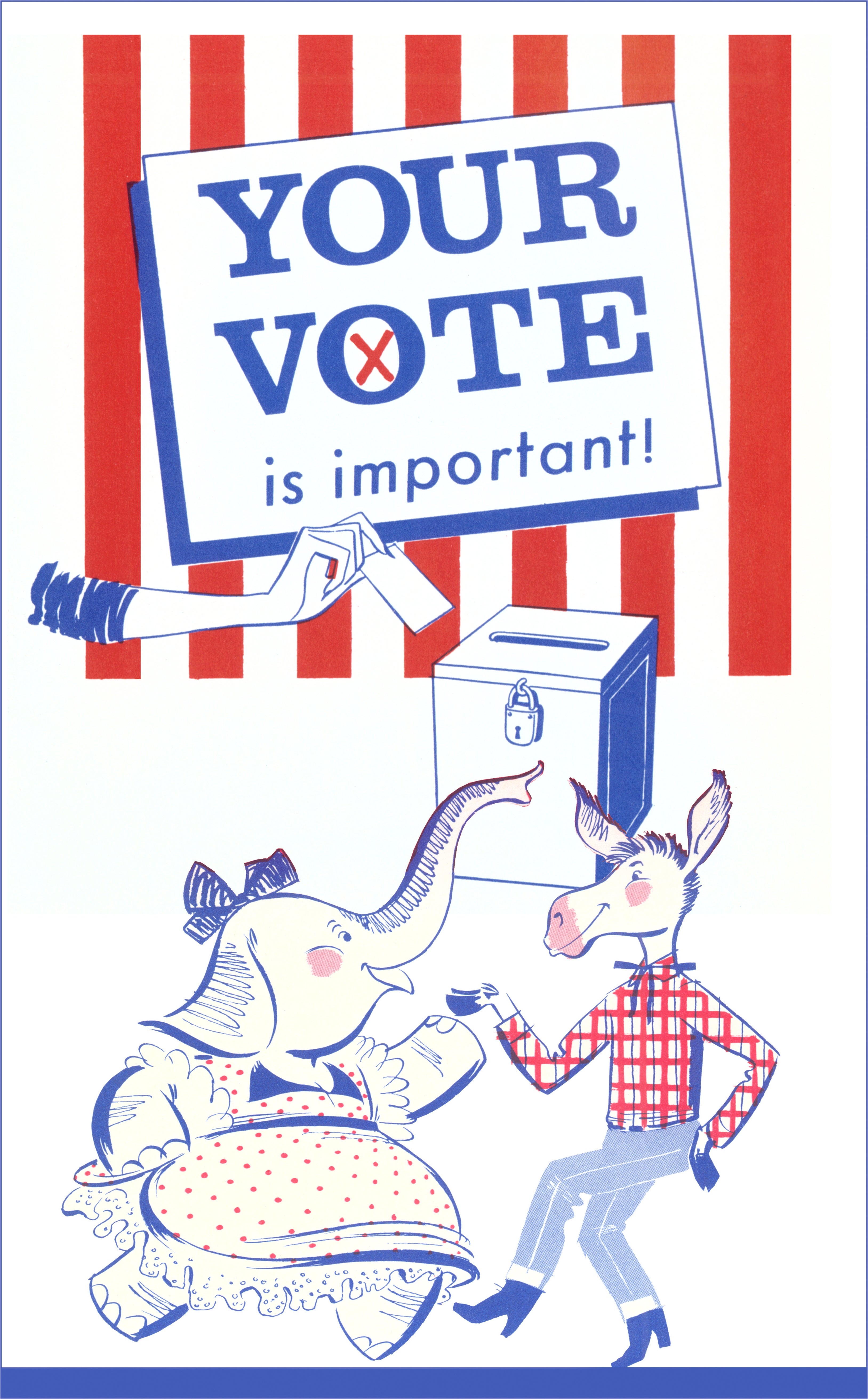 A vintage poster showing an elephant and donkey. Text reads, "Your ballot  is important!" with a manus  placing a ballot successful  a box
