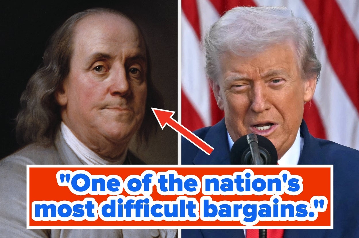 Ben Franklin portrait alongside a photo of a public figure speaking, separated by an arrow. Caption reads: "One of the nation's most difficult bargains."
