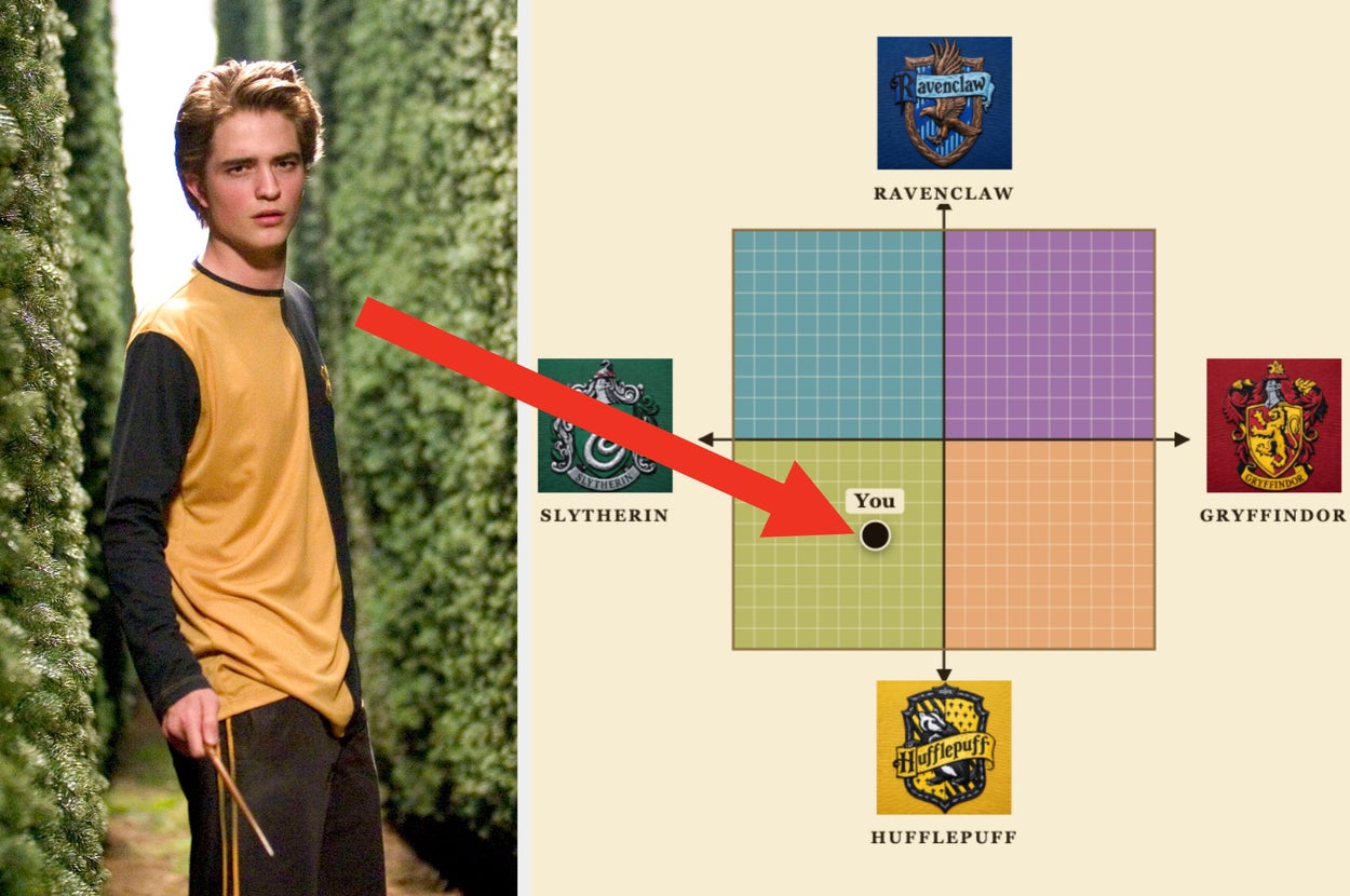 A person in yellow and black stands in a hedge maze. To the right, a chart with an arrow points to Hufflepuff, one of four sections representing Hogwarts houses