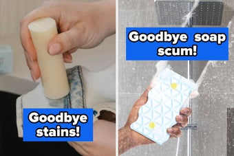 Left image: Hand applying stain remover to clothing. Right image: Sponge used on shower to remove soap scum. Captions: "Goodbye stains!" and "Goodbye stubborn soap scum!"