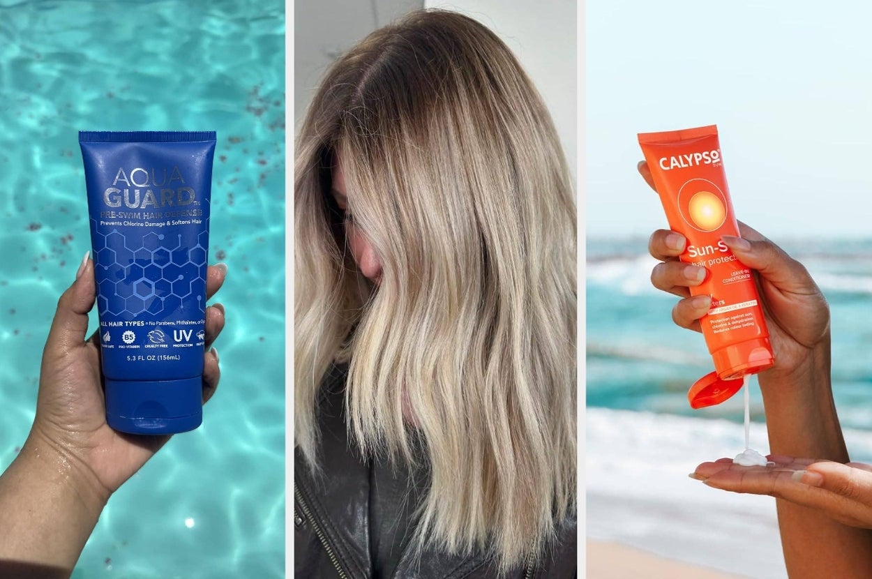 Three-panel image: sunscreen by a pool, person with sun-kissed hair, and orange sunscreen being applied by the sea