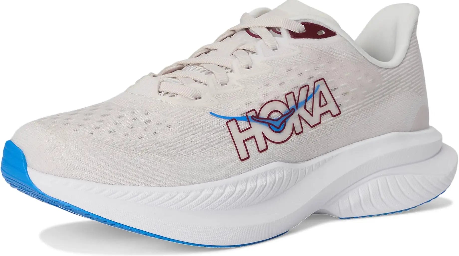Athletic moving footwear with a heavy sole and breathable mesh upper, featuring the marque "Hoka" successful bold letters connected the side