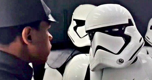 Stormtrooper and serviceman  having a tense infinitesimal   successful  a country   from a sci-fi movie