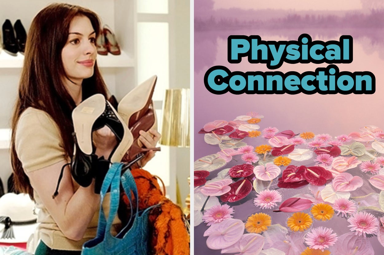 Person holding high heels while shopping; right side shows text "Physical Connection" over an image of a serene lake with flowers
