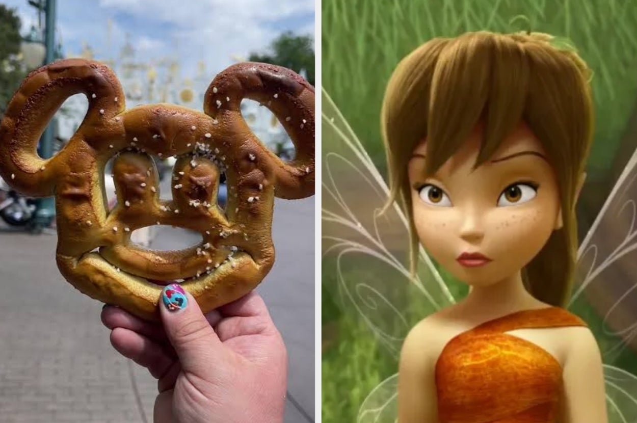 A hand holds a pretzel shaped like a cartoon character's head. On the right, an animated fairy with wings and a one-shoulder dress