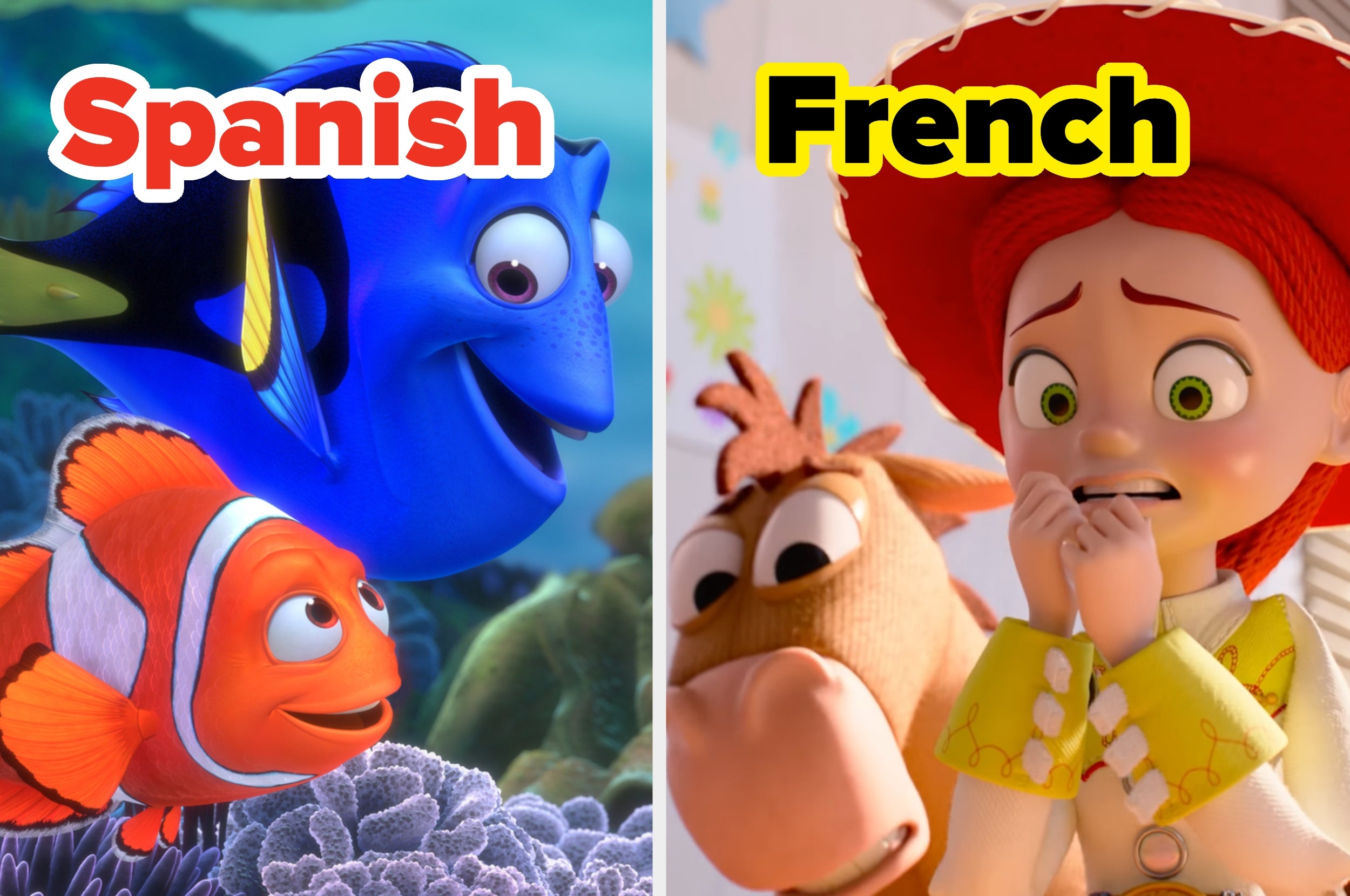 Animated characters: a blue fish with a small orange fish on the left, and a toy cowgirl with a horse on the right, labeled "Spanish" and "French."