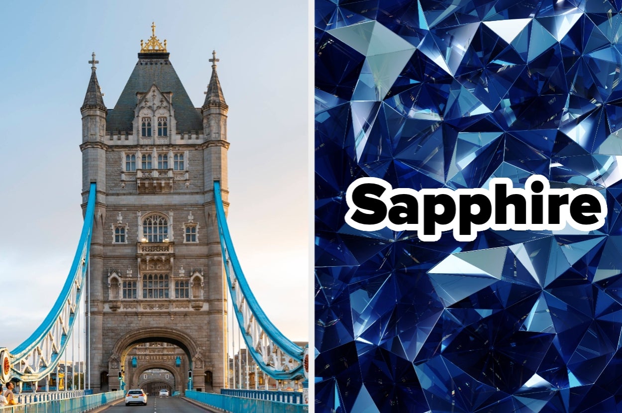 Left: Tower Bridge in London. Right: Geometric pattern with "Sapphire" text overlay