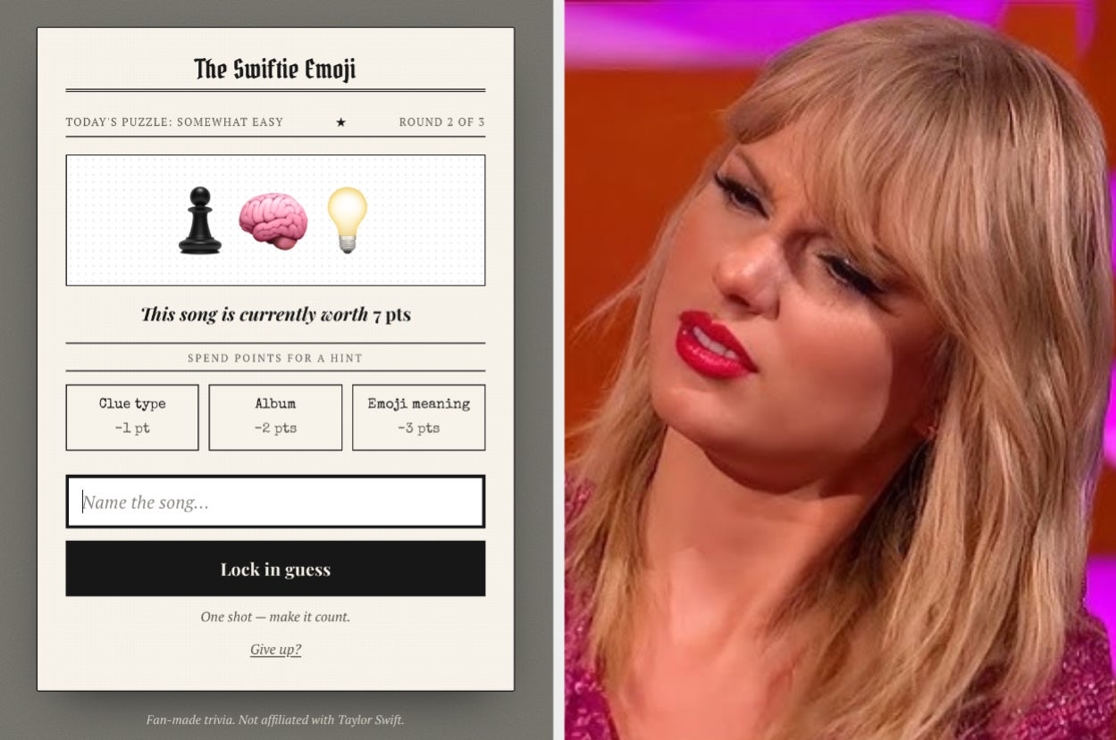 Left: Puzzle page with a brain and lightbulb emoji clue for a song. Right: Person reacting with a confused expression