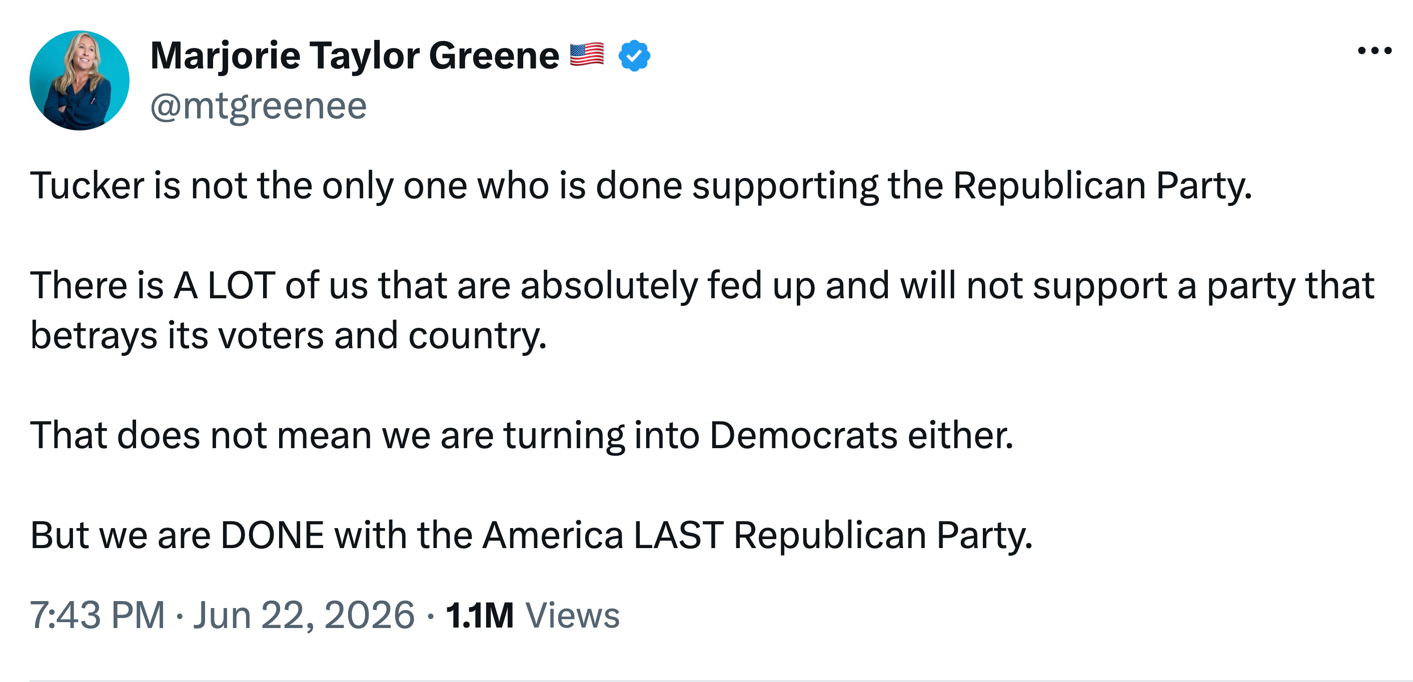 Tweet by Marjorie Taylor Greene expressing displeasure with the Republican Party, dated June 22, 2026, with 1.1M views