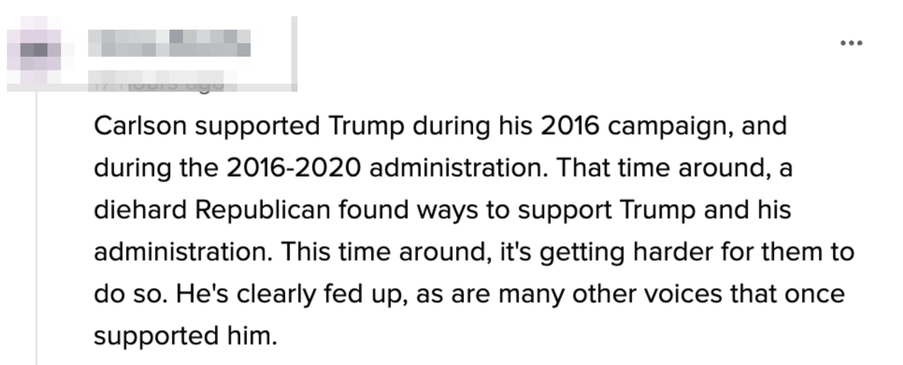 Text astir Carlson's past enactment for Trump and existent challenges successful continuing that support