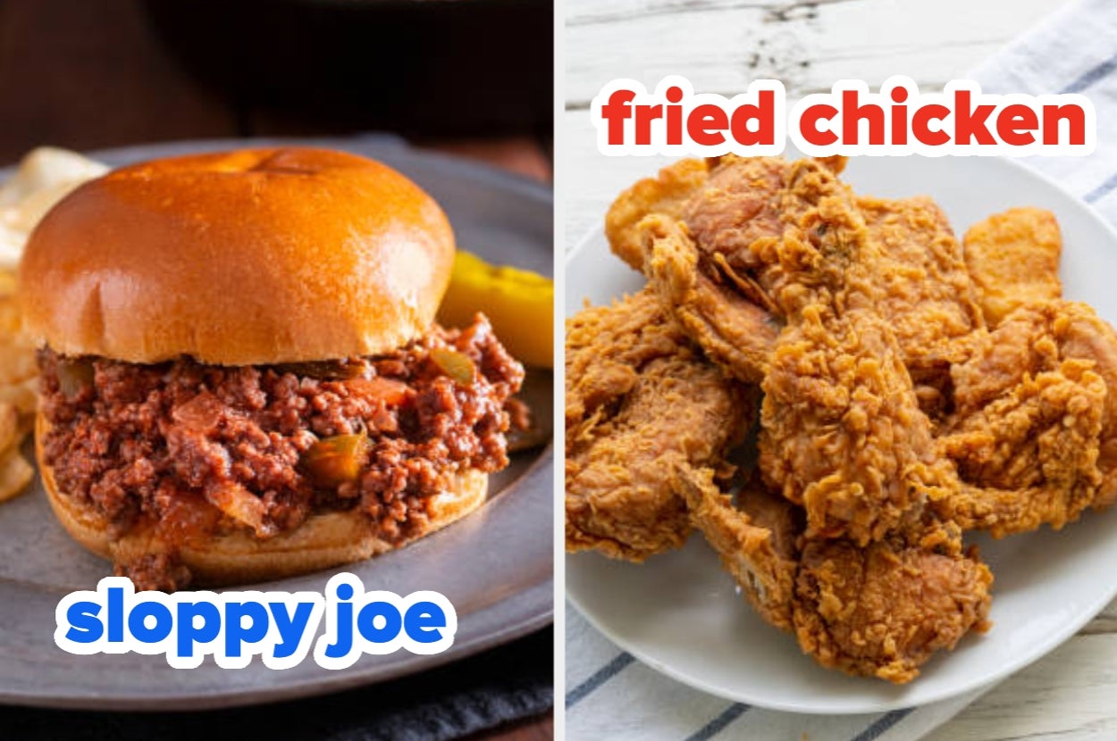 A split image showing a sloppy joe sandwich on the left and a plate of fried chicken on the right