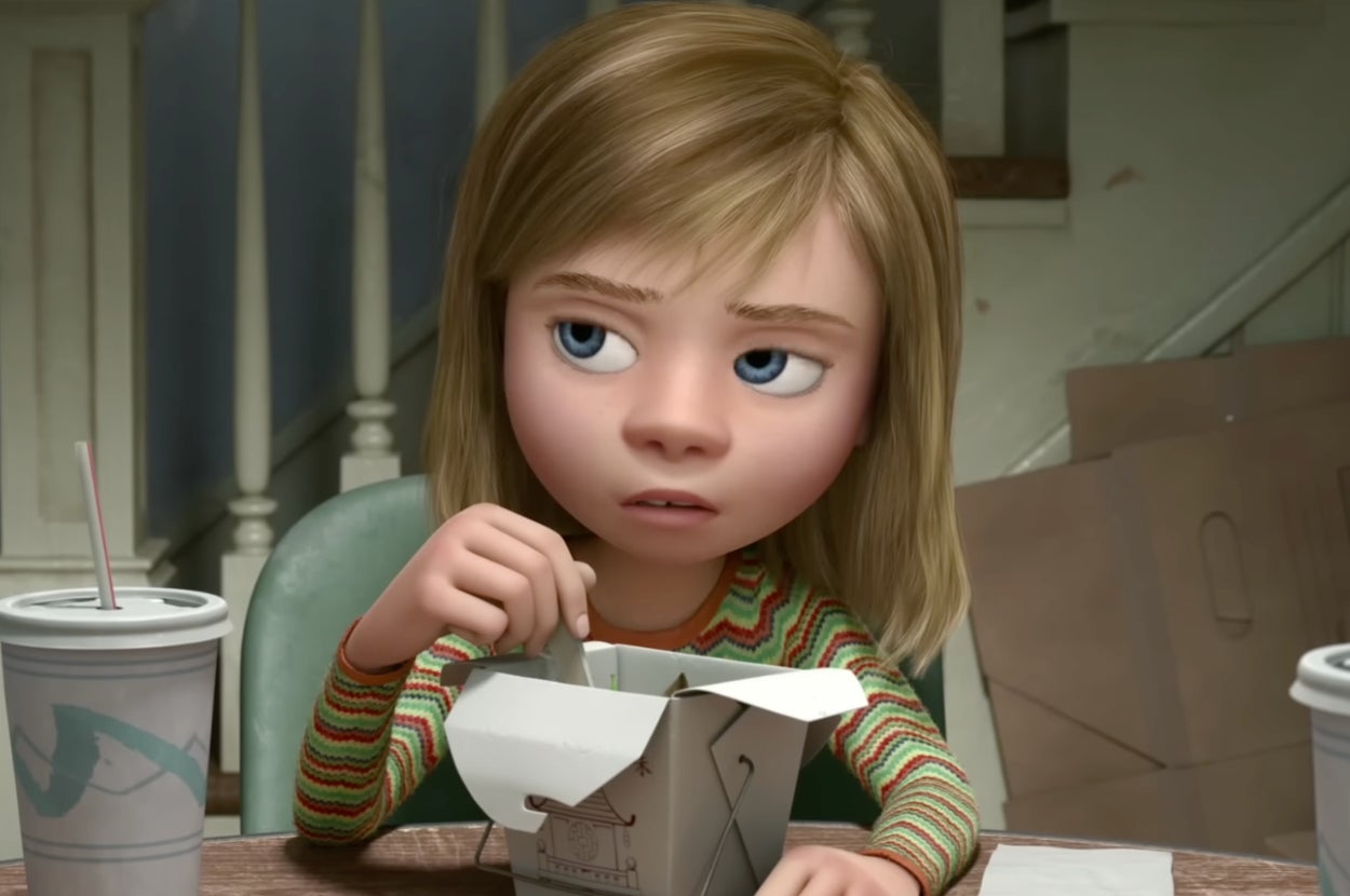 Animated character sitting at a table, holding a chopstick over an open takeout box, looking unimpressed