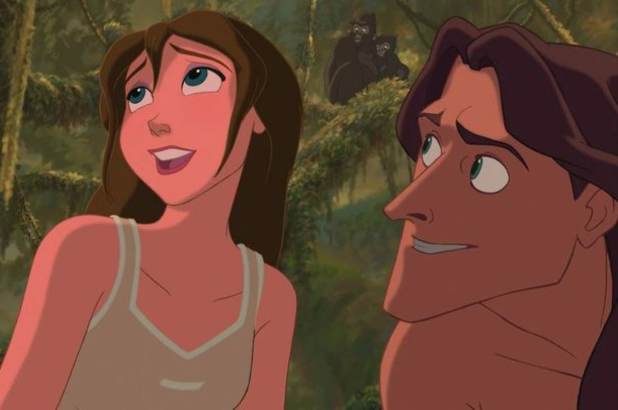 Animated scene of a woman with long hair and a man smiling in a jungle setting, with gorillas visible in the background