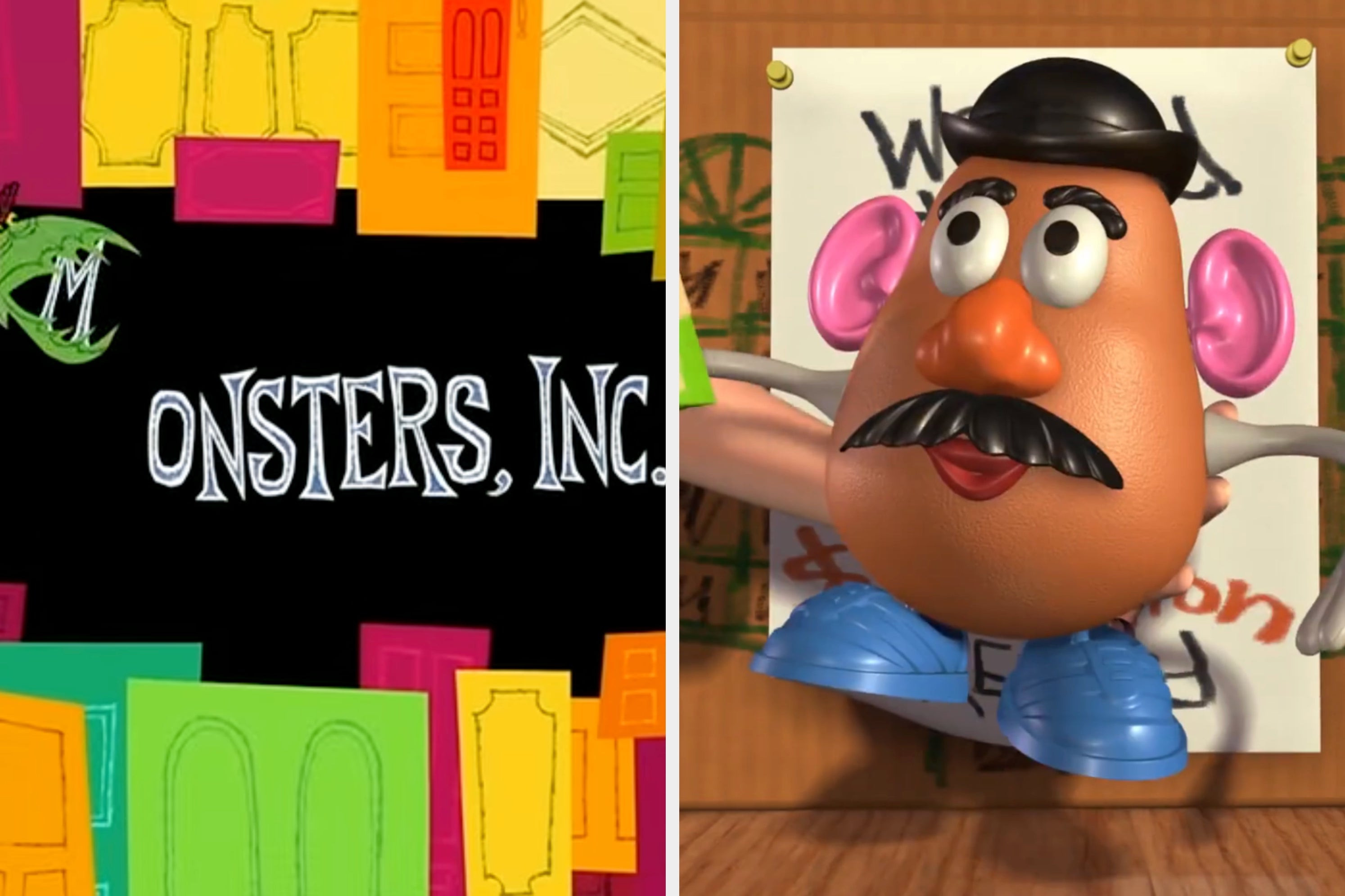 Two animated characters: a worried-looking character on the left and Mr. Potato Head in front of a sign on the right