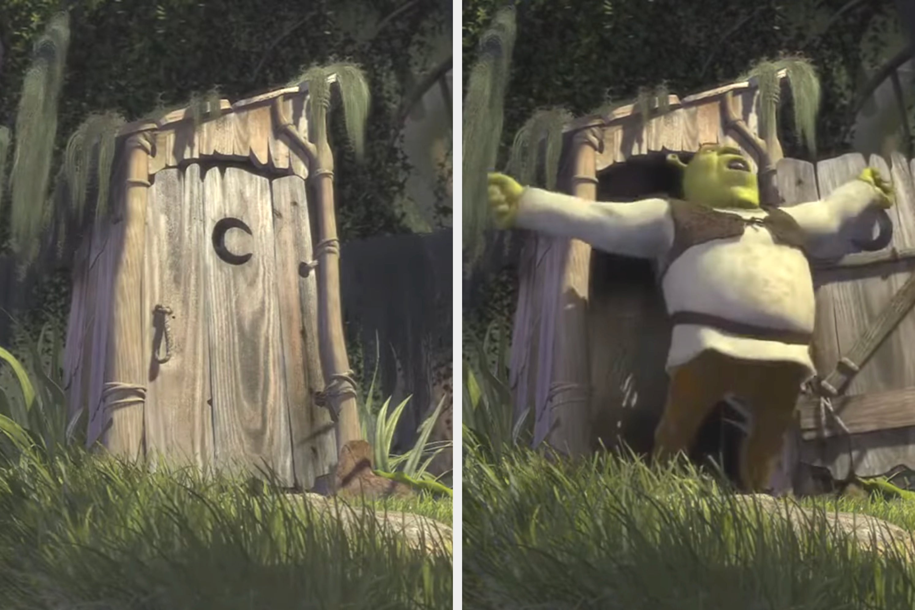 The image shows text about recognizing an animated movie by its first line, set against a scene with an ogre opening a wooden door
