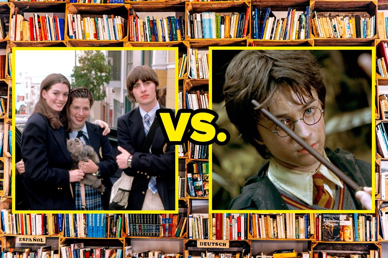 Two images side by side: left shows scene from "The Princess Diaries" with characters in preppy clothing, right shows Harry Potter with a wand pushing back his hair, both overlaid on a bookshelf background