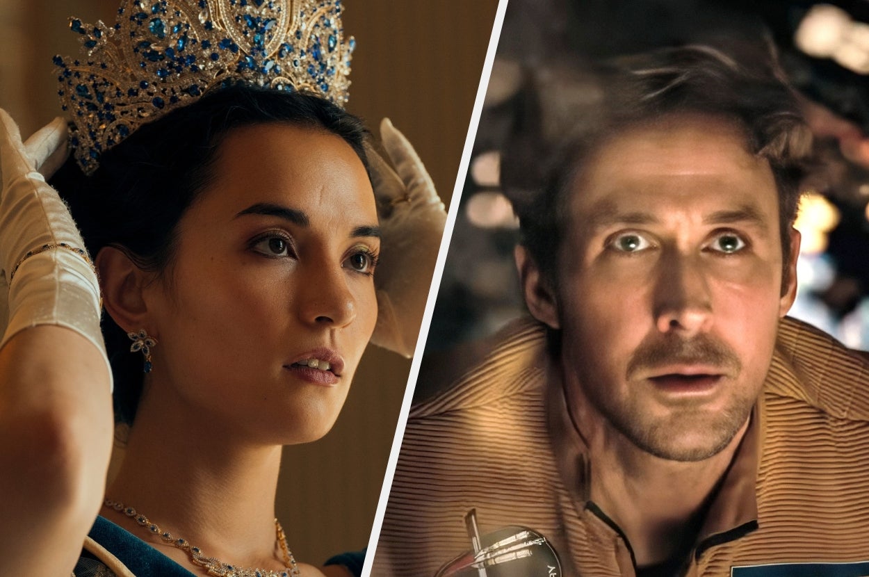 Split image: Left shows Jessie Mei Li in "Shadow and Bone" putting on a crown, right shows Ryan Gosling looking intently ahead in a dimly lit setting in "Project Hail Mary"