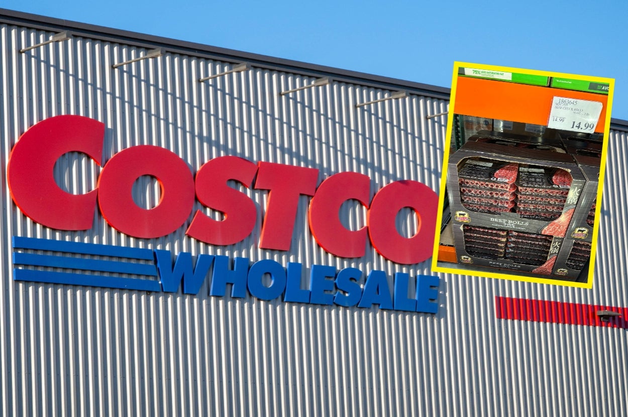 Costco storefront with an inset image of packaged tomahawk steak priced at $14.99