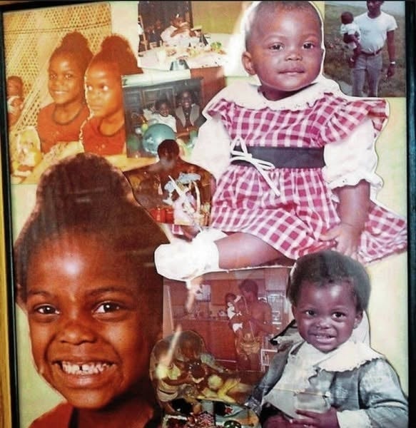 A collage of puerility  photos showing a young miss  astatine  assorted  ages smiling, dressed casually, and successful  a checkered dress