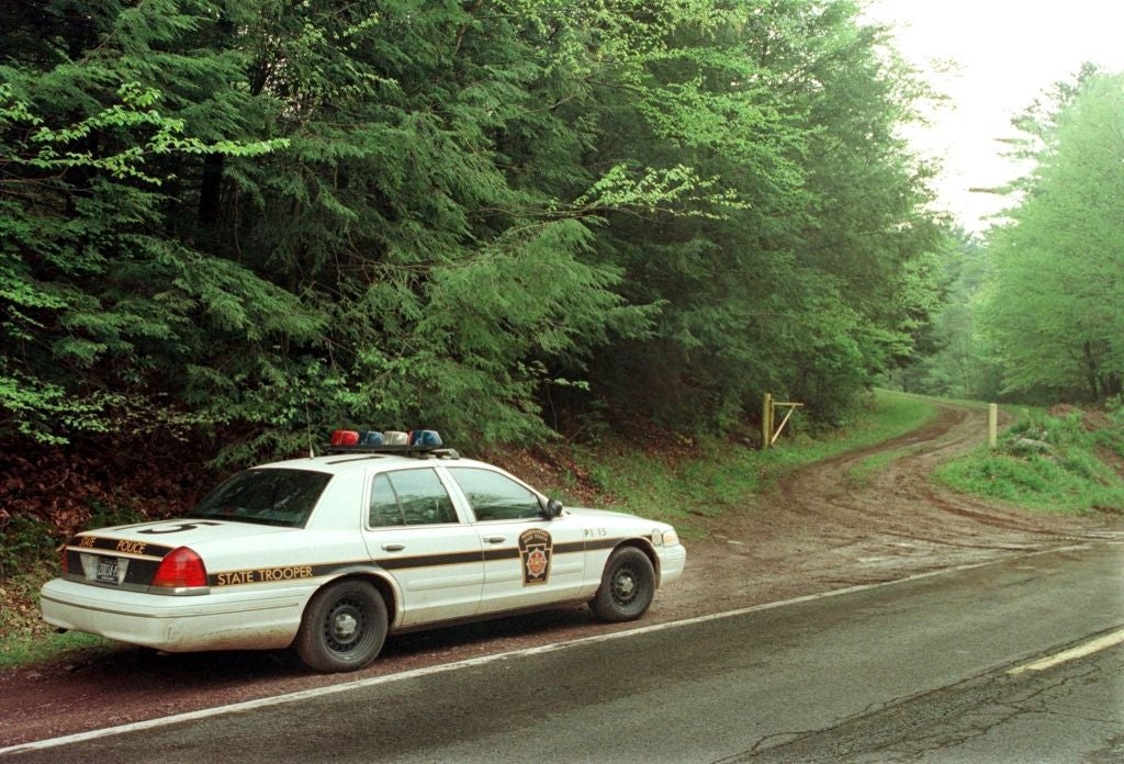Police car   parked connected  a agrarian  roadworthy  adjacent   dense wood  with a ungraded  way  starring  into the woods