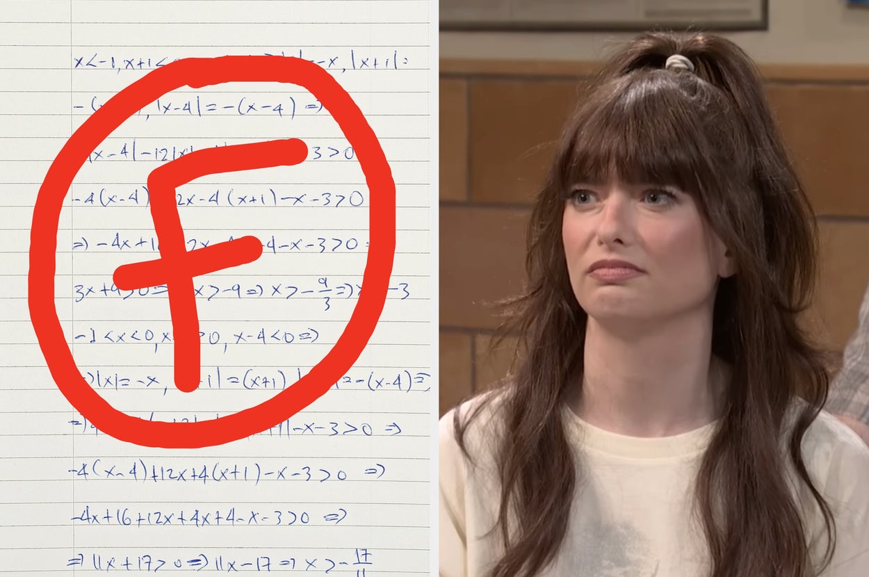 Woman with long hair looks concerned beside math worksheet marked with a large F