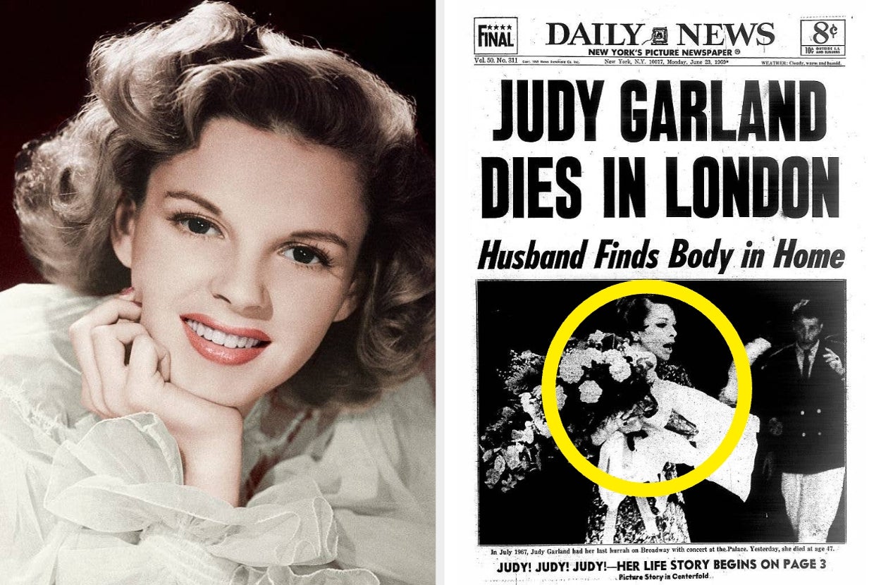 A newspaper headline announces Judy Garland's death in London, with a photo of her smiling and holding flowers