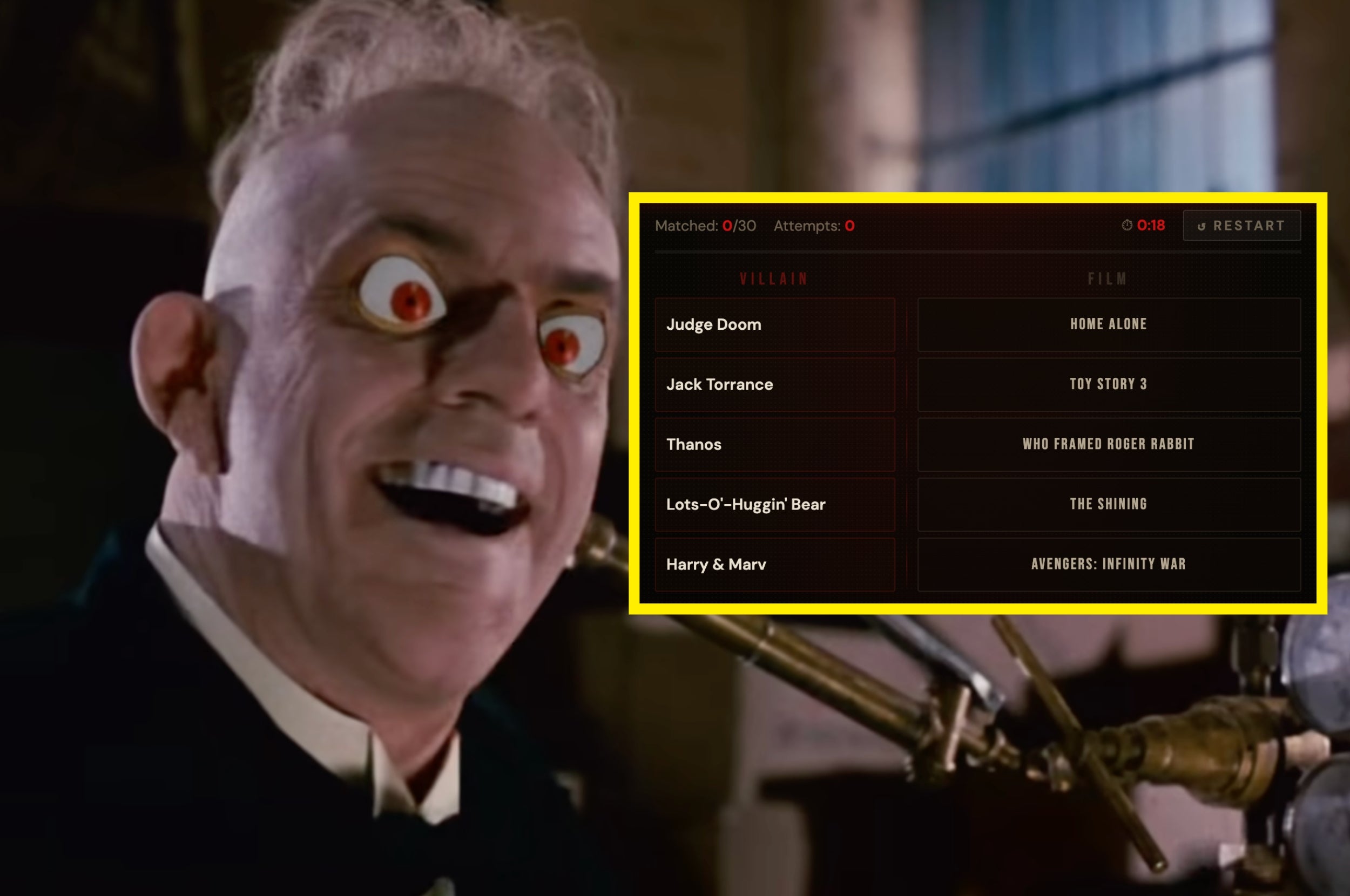 A character with exaggerated eyes smiles widely. Overlay shows a game matching villains to movies like "Toy Story 3" and "The Shining."
