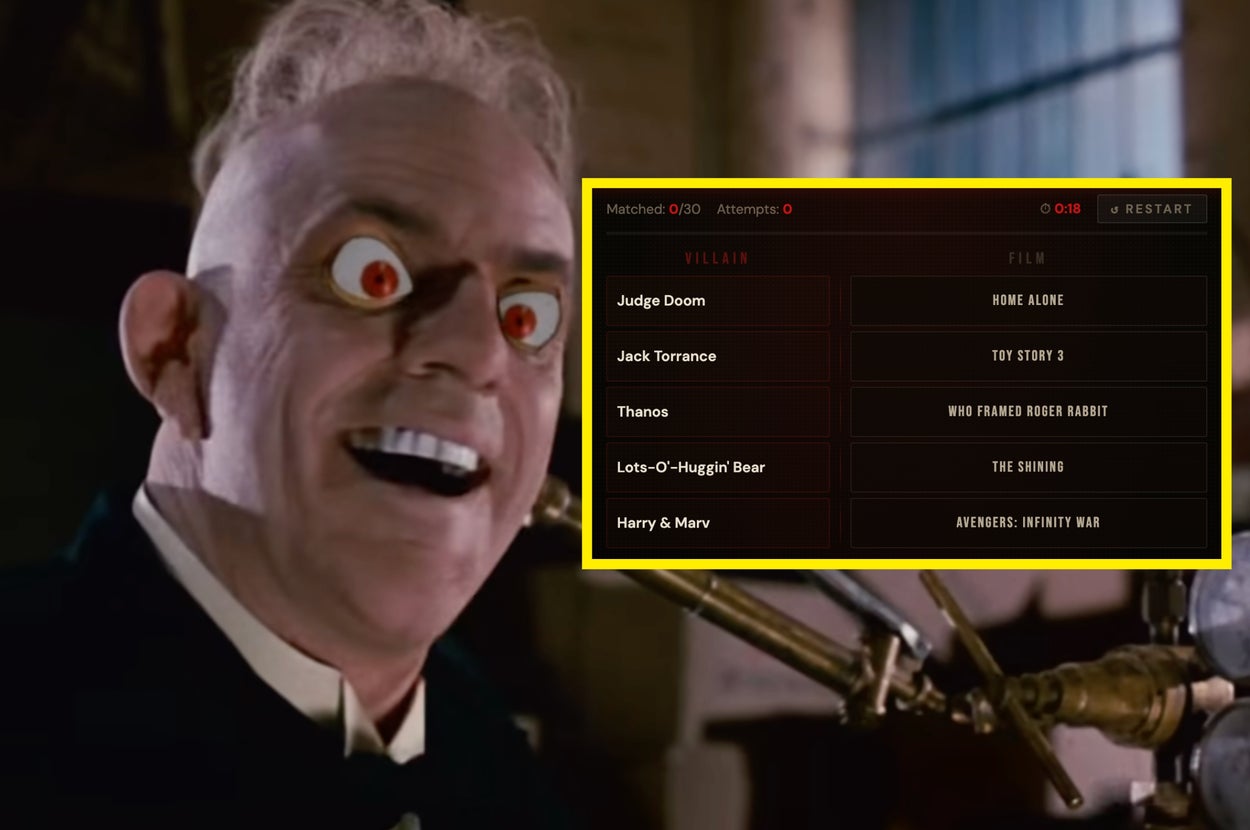 A character with exaggerated eyes smiles widely. Overlay shows a game matching villains to movies like "Toy Story 3" and "The Shining."