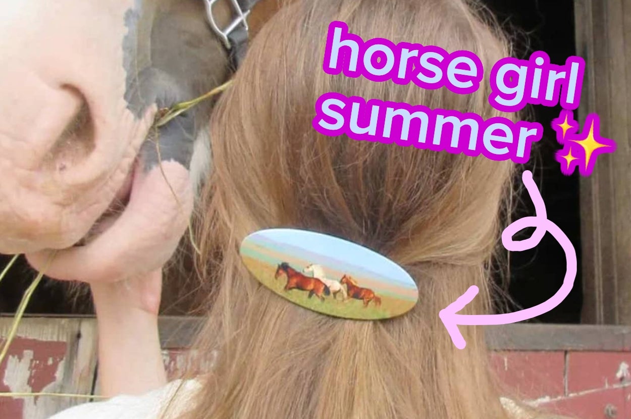 Person with hair clip featuring horses, petting a horse. Text reads "horse girl summer" with sparkles