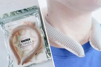 ネッククーリングアイテム「CICIBELLA」をつけた首元とパッケージ。