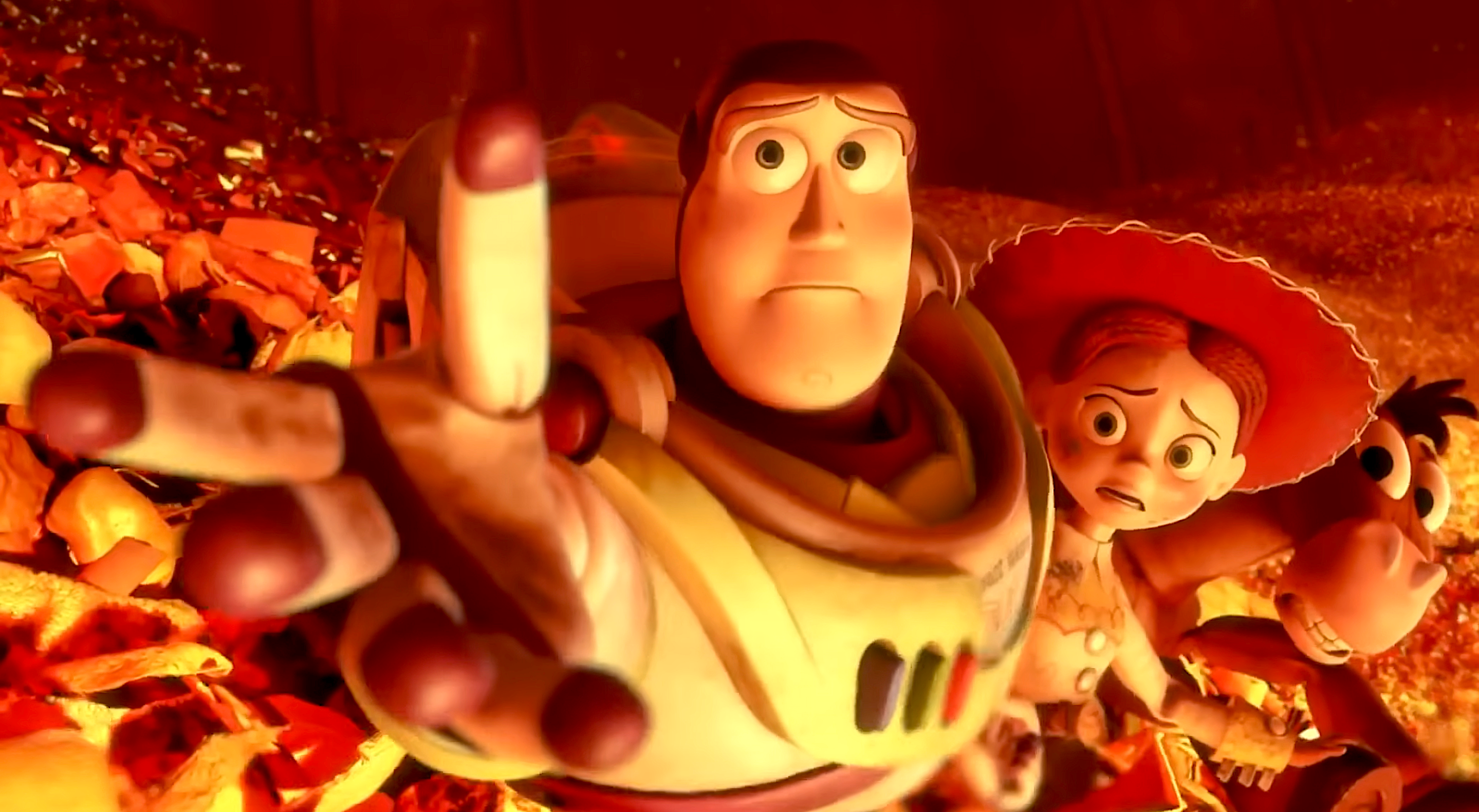 Buzz Lightyear Jessie and Bullseye looking disquieted  arsenic  their faces are illuminated successful  flames, Buzz holds a manus  retired  for Woody to drawback   onto