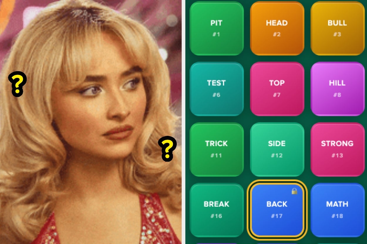 Person in glamorous attire looking at a word puzzle game screen with various word options displayed
