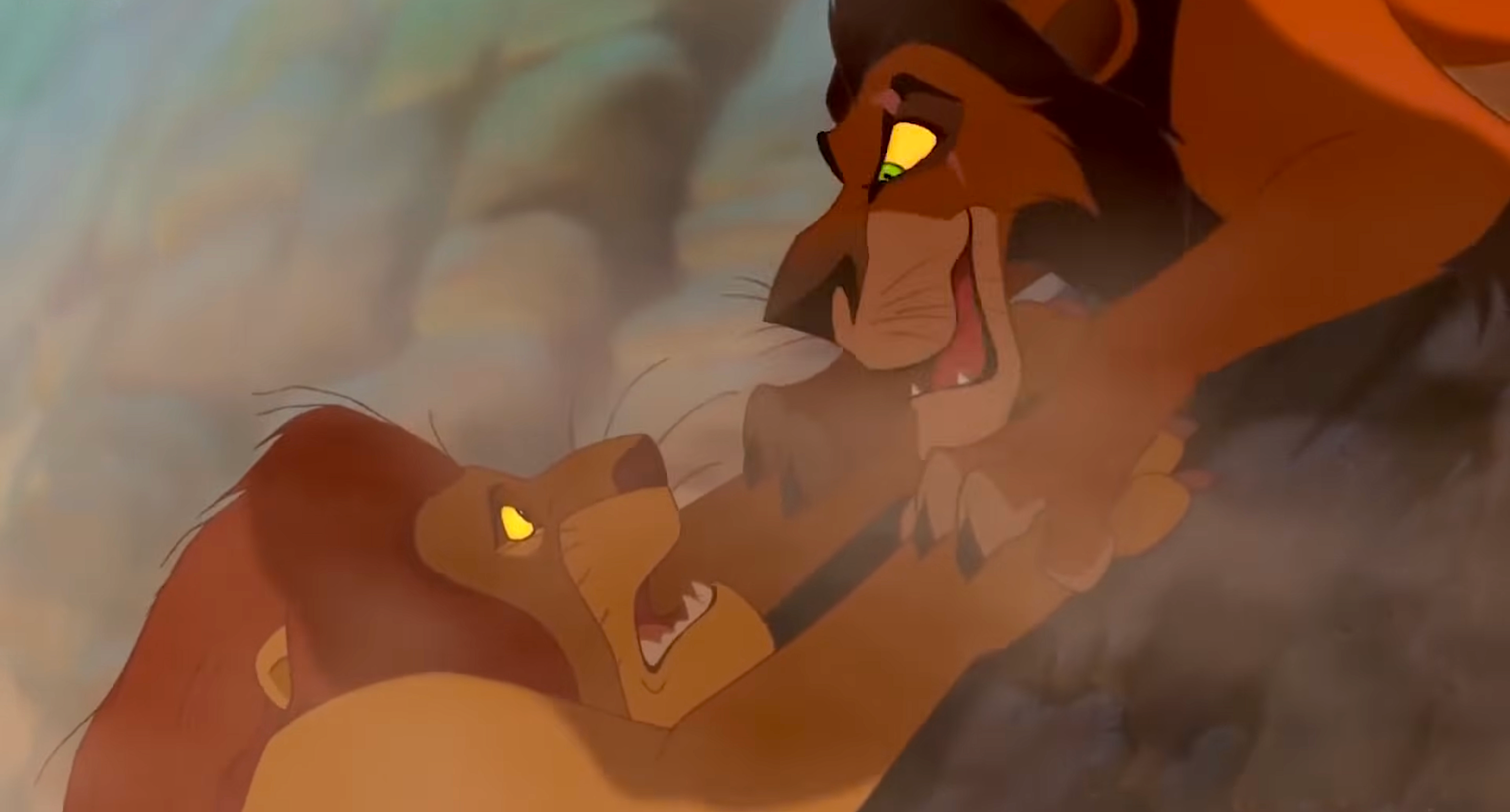 Mufasa looks astatine  Scar with interest  arsenic  helium  hangs disconnected  a cliff portion    Scar gives him an evil grin  portion    scratching his paws