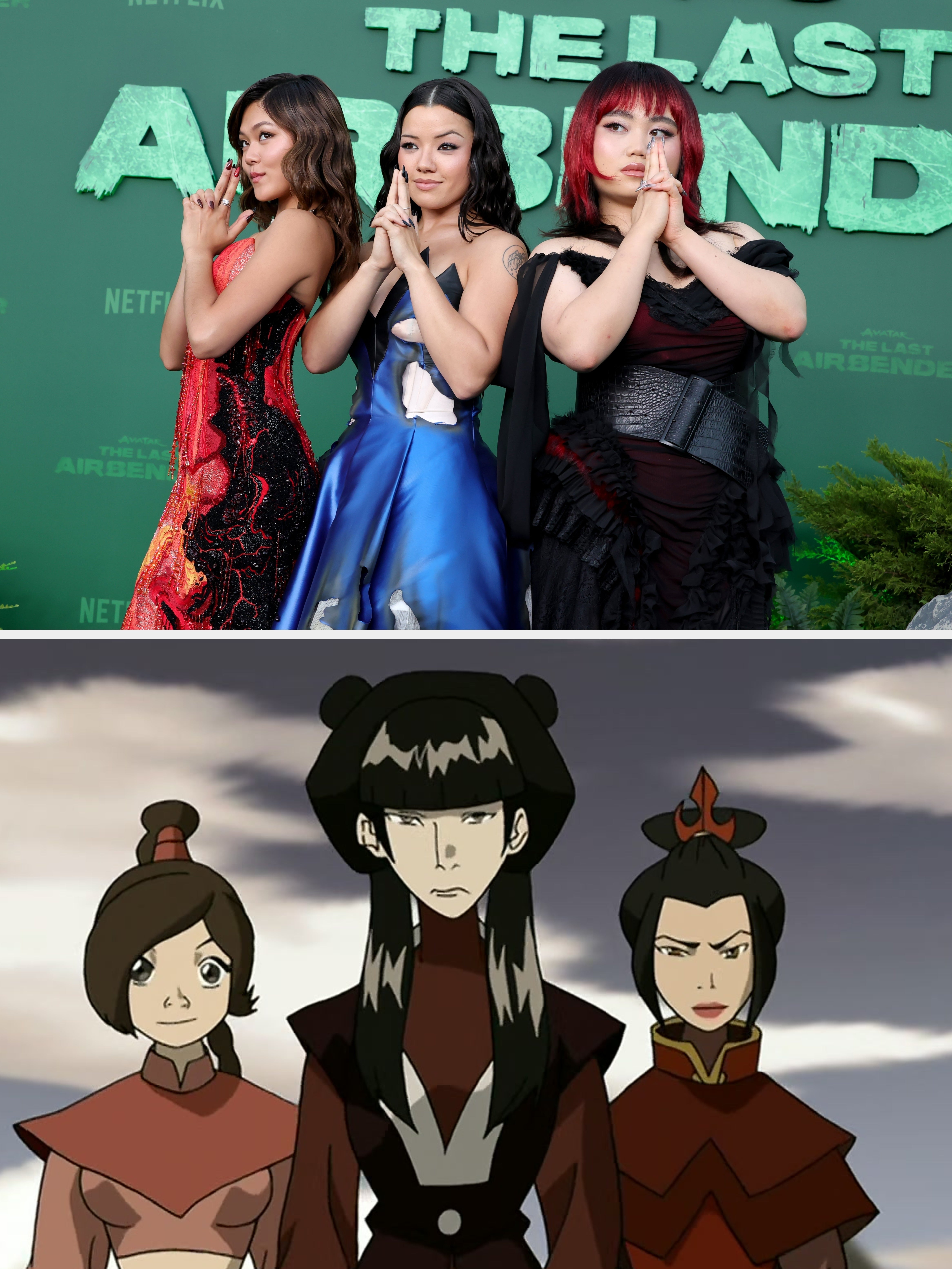 Three individuals pose on a red carpet in stylish outfits, holding hand gestures associated with "The Last Airbender."