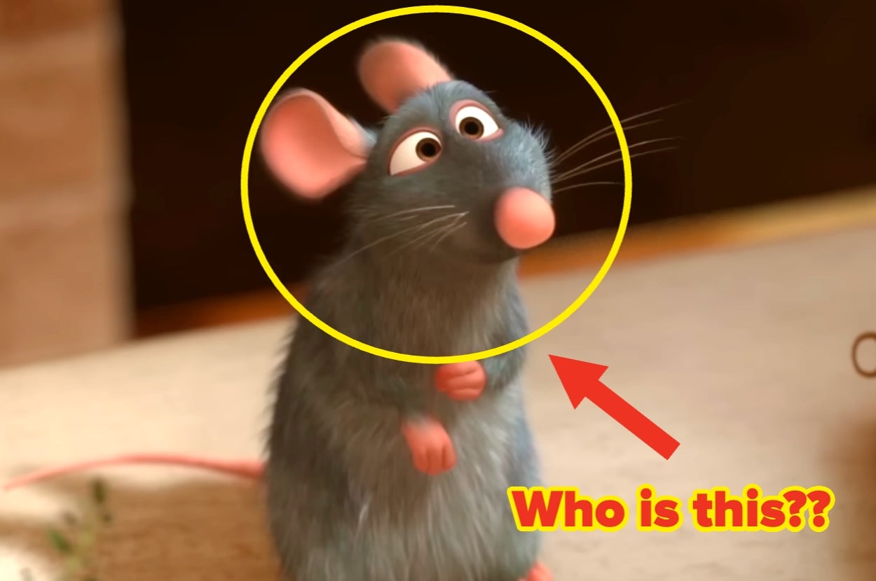 Animated rat character with large ears and a curious expression, featured in a film about cooking and adventure. "Who is this?" text with arrow pointing
