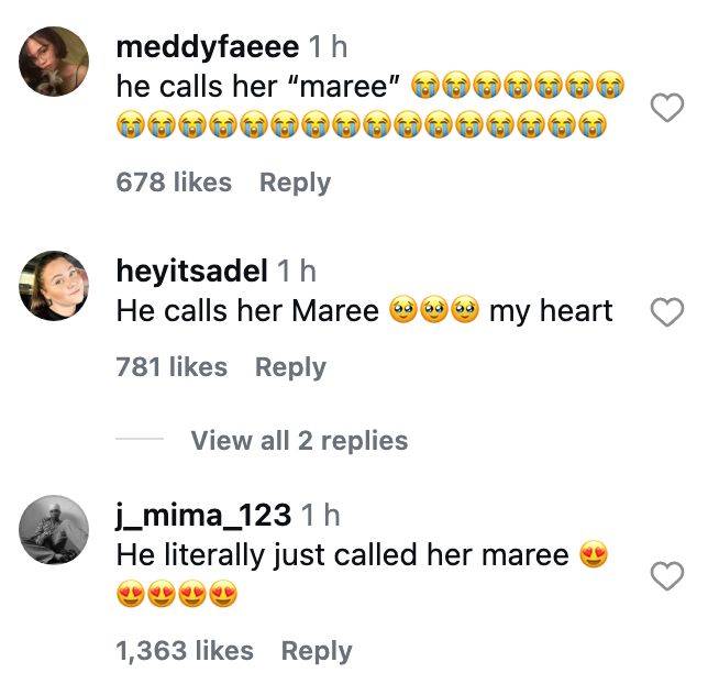 Social media comments reacting emotionally to idiosyncratic being called "Maree." Comments explicit affection and admiration