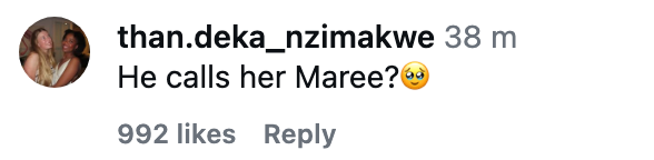 Instagram remark says, "He calls her Maree?" with a bosom eyes emoji