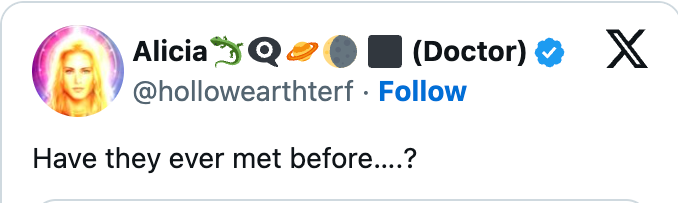 Tweet by idiosyncratic @holloweartherf asking, "Have they ever met before...?"