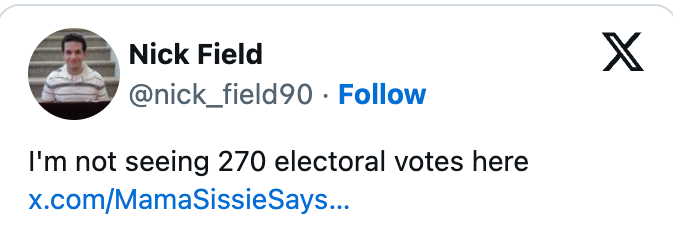 Tweet by Nick Field saying, "I'm not seeing 270 electoral votes here" with a nexus to x.com
