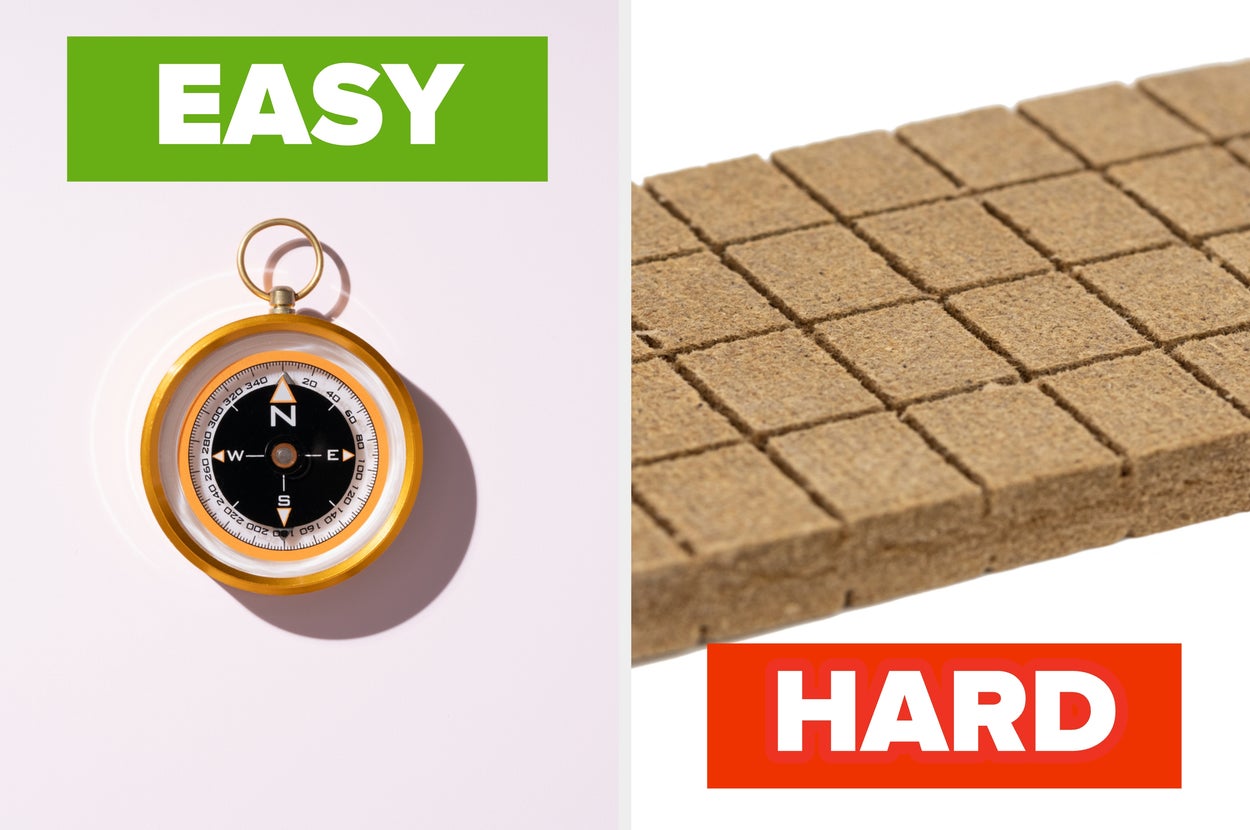 A compass labeled "Easy" and a close-up of a grid labeled "Hard," suggesting a comparison between navigation and a challenging surface