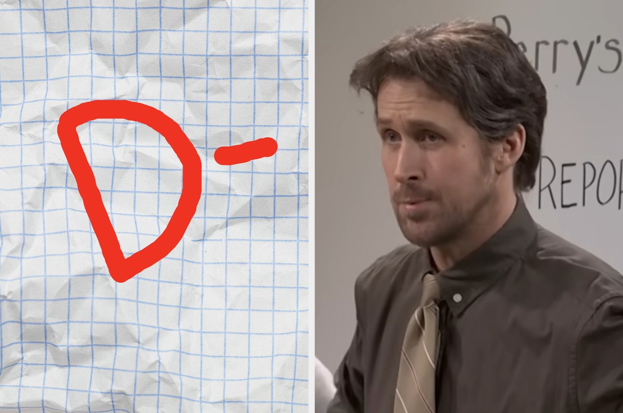Grade D- on graph paper next to a concerned teacher standing in front of a whiteboard