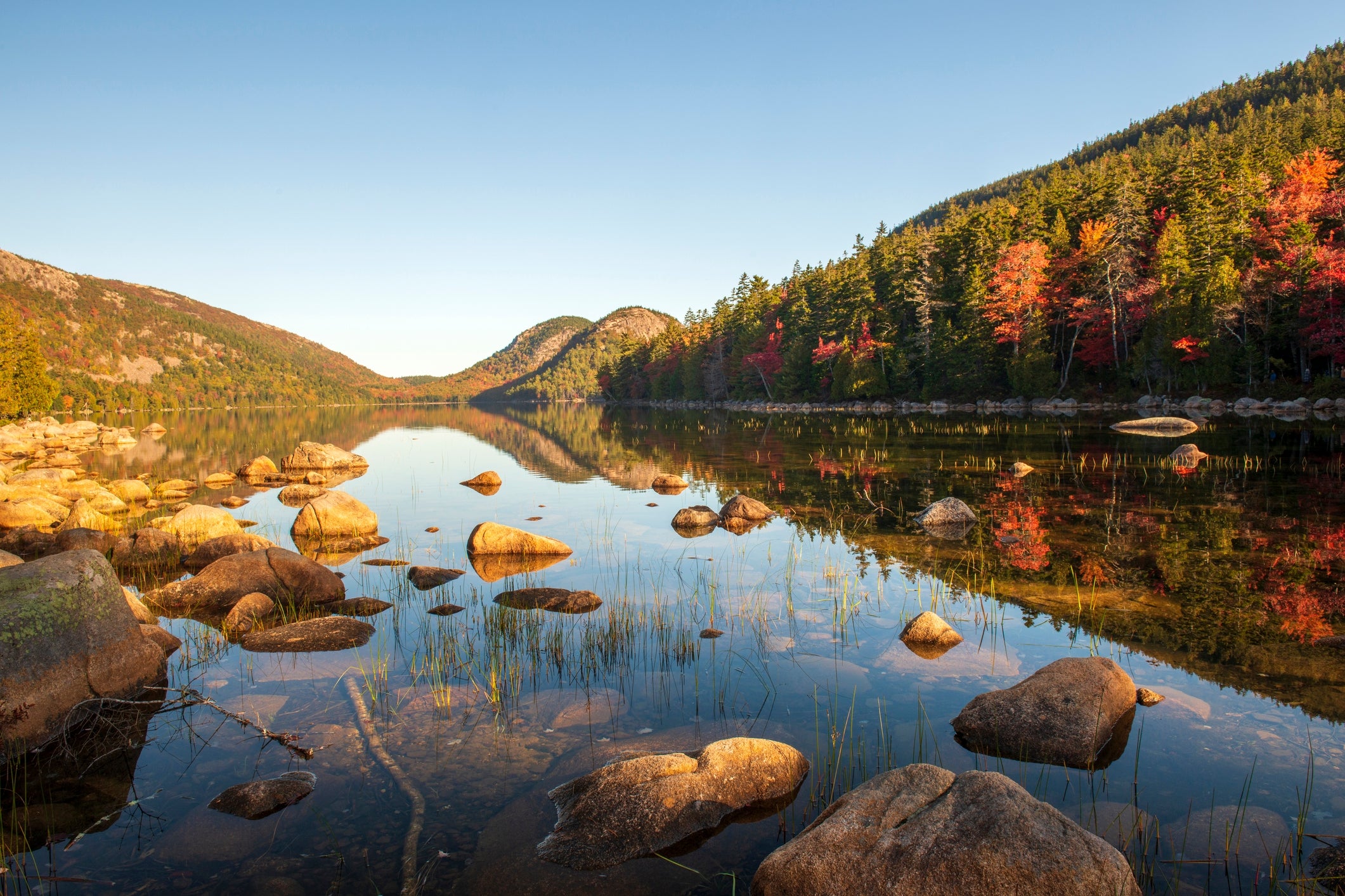 Tranquil water  country   with wide   reflections of trees and mountains, immoderate   with autumn leaves, successful  a calm h2o  setting