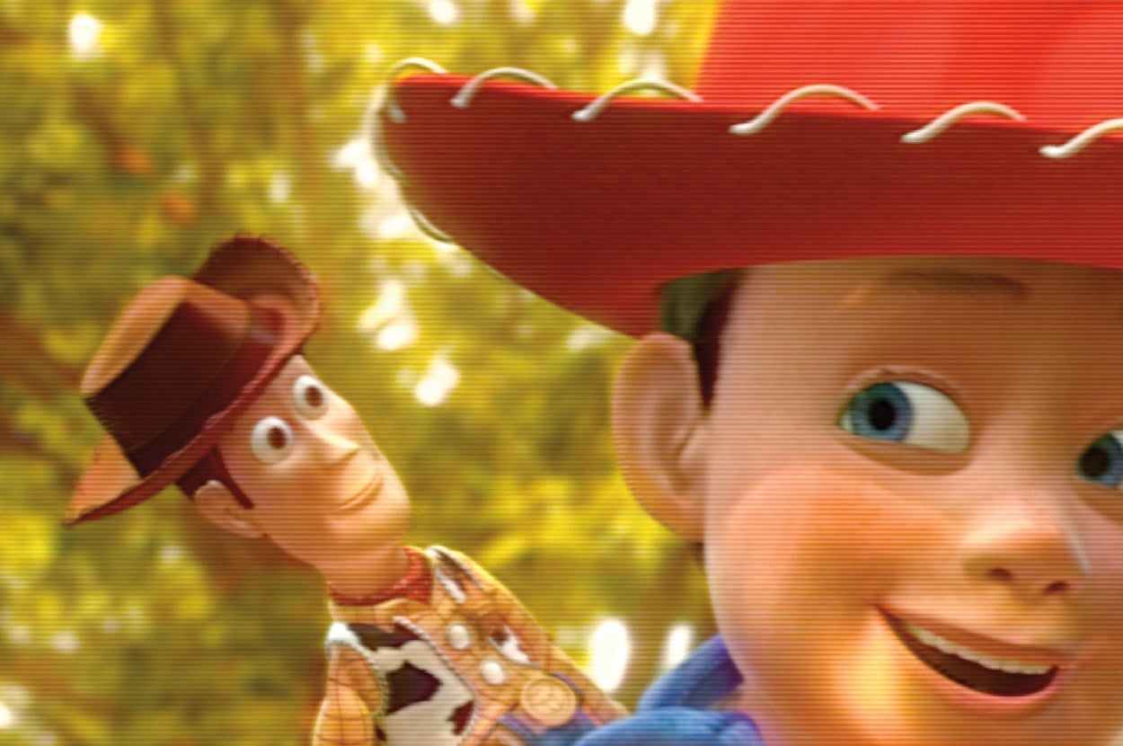 Animated child wearing a red cowboy hat smiles at the camera while a toy cowboy doll sits on his back