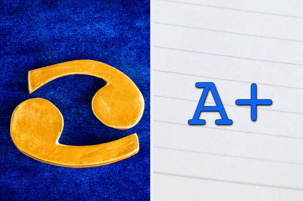 Gold Cancer zodiac icon next to a lined paper with "A+" grade on it