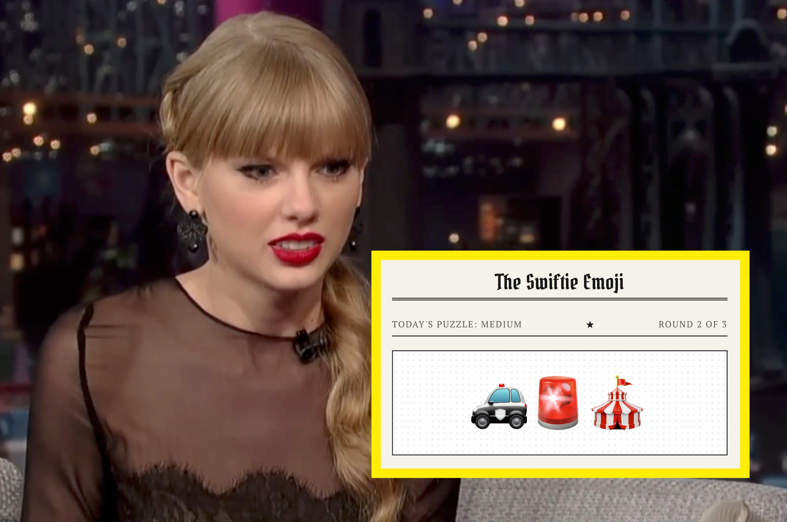 Puzzle game titled "The Swiftie Emoji" asks players to guess a song using emojis. The example includes a car and tent emoji