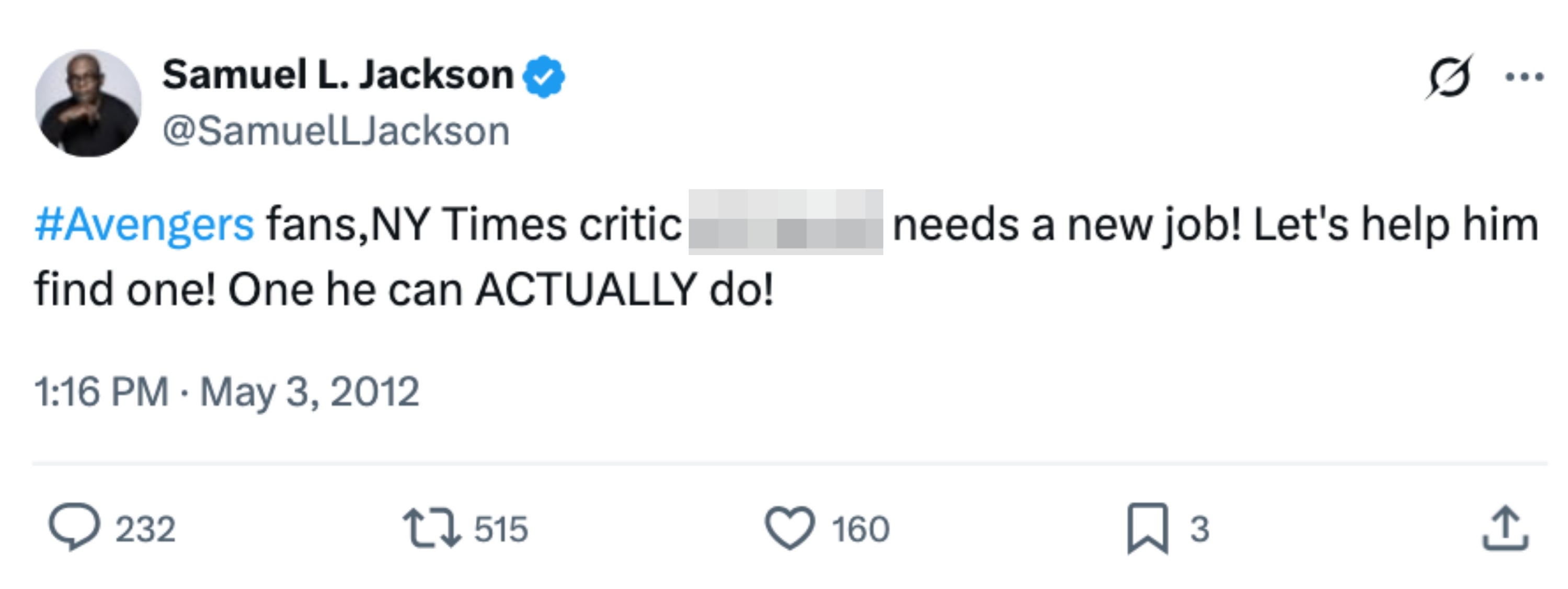 Samuel L. Jackson tweets about NY Times critic AO Scott, suggesting he needs a new job more suited to his abilities; calls for fans' assistance